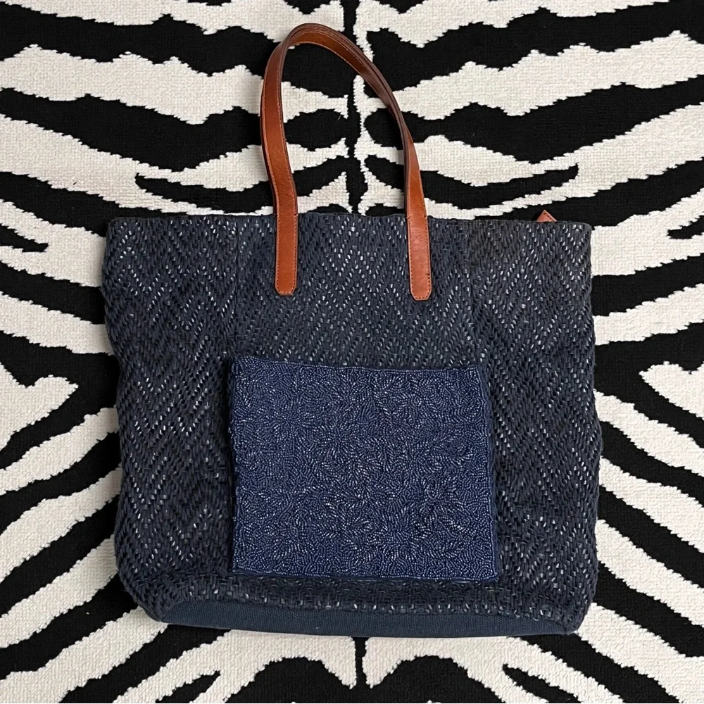 Anthropologie Jasper & Jeera Navy Woven Beadwork Tote
